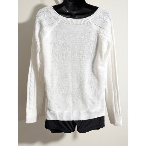 White Cable Knit Sweater with Button Detail Pullover Long Sleeve Size Medium - Picture 3 of 4